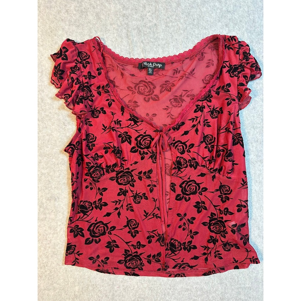 Pink Drop Los Angeles Red Black Floral Mesh Lace Trim Tie Front Top XL